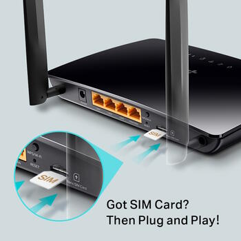 Wi-Fi роутер AC1200 4G LTE двухдиапазонный с поддержкой SIM Archer MR402 802.11ac 300 Mbps (2.4 GHz) 867 Mbps (5 GHz) 3×10/100 LAN 1×10/100 LAN WAN Nano SIM 2 съемные антенны Черный TP-Link (Archer MR402)