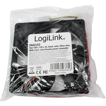 Logilink datora korpusa ventilators FAN103, 12V, 2.78W, 0.23A, 2000rpm, 75CFM, 31.3dB, 120x120x25mm, 4 kontaktu Molex (FAN103)