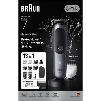 Braun matu trimmeris AIO7560 80789908, 14 pakāpieni, 0.5-21mm, 120min, 1.5h, Li-Ion, bezvadu, ūdensizturīgs, 13in1 komplekts (AIO7560)