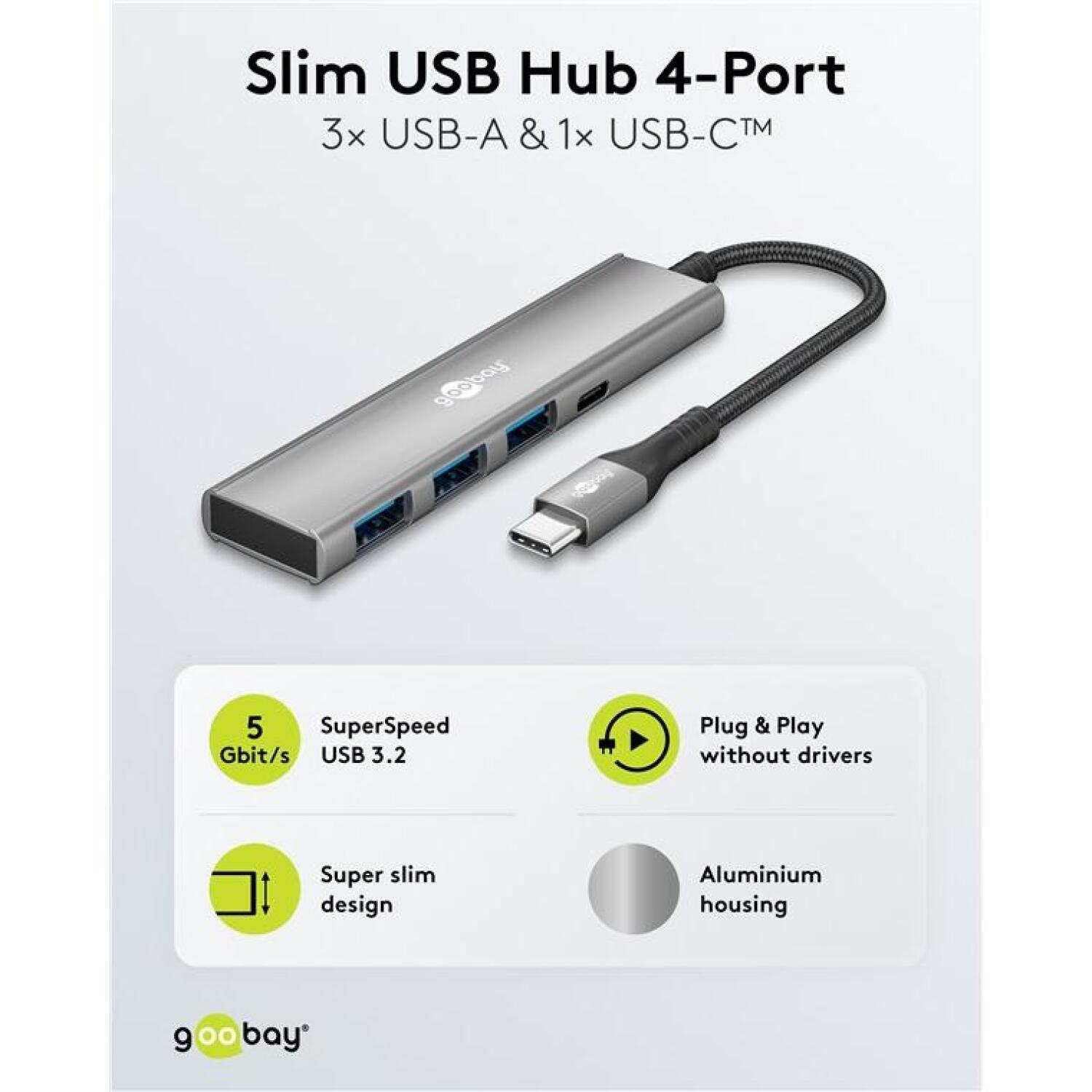 Goobay 76562 USB-хаб, 4 порта, USB-C на USB-C/USB-A, 5 Гбит/с, светло-серый (76562)