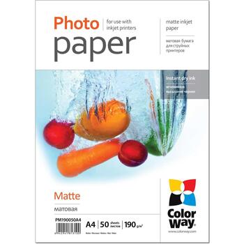 Colorway Фотобумага PM190050A4, A4, 190 г/м², 50 листов, матовая, струйная, 2880 dpi, быстро сохнущая (PM190050A4)