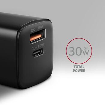 Axagon настенный зарядное устройство ACU-PQ30 30W, 100-240V, 2xUSB, быстрая зарядка, защита от перегрузки, черный (ACU-PQ30)