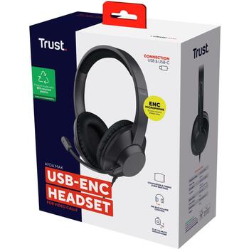 Trust наушники 25462, 40 мм, 20 - 20000 Гц, USB Type-C/USB Type-A, микрофон с шумоподавлением, регулируемая дужка, черный (25462)