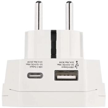 Emos Universāls ceļojumu adapters P0055U, balts, 1×USB-A 5V 3A, 1×USB-C 5V 3A, 100-250V~/16A max (P0055U)