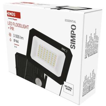 Emos LED прожектор ZS2333, 30 W, 3000 lm, IP44, нейтрально-белый, PIR датчик, алюминий, стекло (ZS2333)
