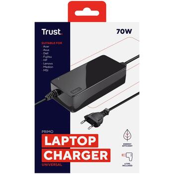 Trust зарядное устройство 22141 70W, 100-240V, 19V, 3.6A, 6 разъемов, черный, для путешествий, защита от перегрузки (22141)