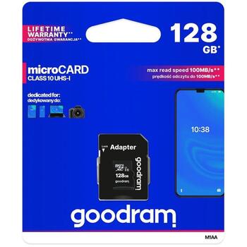 Goodram M1AA-1280R12 карта памяти, 128 ГБ, MicroSDXC, UHS-I Class 10 U1, 100 Мб/с чтение, 10 Мб/с запись, 3.3 В, SD адаптер (M1AA-1280R12)