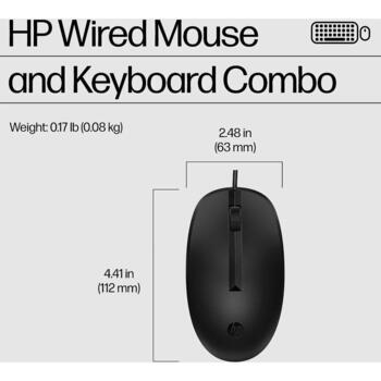 HP 225 проводной комплект мыши и клавиатуры AX2Y7AA#ACB, 1200 DPI, 1.8 м, USB, полноразмерная, черный, оптическая мышь, 3 кнопки (AX2Y7AA#ACB)