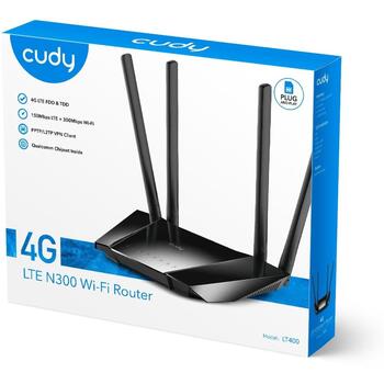 Cudy maršrutētājs LT400 N300 4G LTE SIM LT400_EU, 300Mbps, 4 x augsts pastiprinājums, 4G/Dinamisks IP/Stat. IP/PPPoE (LT400_EU)