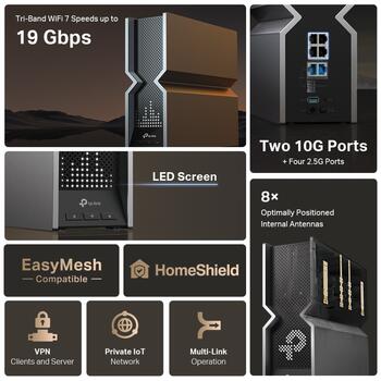 TP-Link Archer BE800 Wi-Fi 7 Tri-Band маршрутизатор BE19000 19000 Mbps Mesh USB 3.0 4×2.5GbE 2×10GbE Черный (ARCHER BE800)