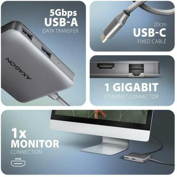 Axagon USB centrmezgls HMC-5HL 5in1 5Gbps, 2x USB 5Gbps, 1x HDMI, 1x RJ-45, 0.2m strāvas kabelis (HMC-5HL)