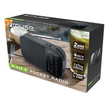Muse портативное радио M-025R, FM/MW, аналоговый, 2x AAA, телескопическая антенна, динамик, разъем для наушников, черный (M-025R)