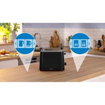 Bosch kompaktais tosteris TAT3M123, 950 W, 2 šķēles, plastmasa, melns, augsta pacelšana, automātiska izslēgšanās (TAT3M123)