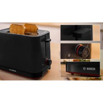 Bosch kompaktais tosteris TAT3M123, 950 W, 2 šķēles, plastmasa, melns, augsta pacelšana, automātiska izslēgšanās (TAT3M123)