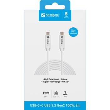 Sandberg USB kabelis 136-75, 3m, 10Gb/s, 100W PD, balta, 2xUSB-C (vīriešu) (136-75)