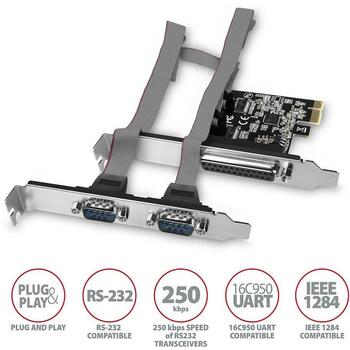 Axagon Адаптер PCEA-PSN 1x параллельный DB25, 2x RS-232 DB9 250 кBd, PCIe 5 Гбит/с, CE, RoHS (PCEA-PSN)