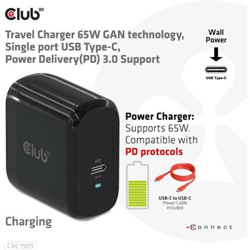 Club3D lādētājs CAC-1905EU 65W, 100-240V, 1x USB Type-C, PD 3.0, OCP, OVP, SCP, OTP, CE, FCC, melns (CAC-1905EU)