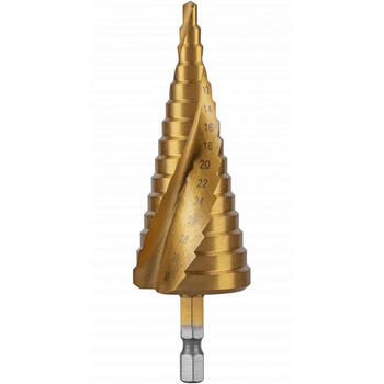Hogert ступенчатое спиральное сверло HT6D326, 4-32мм, HSS 4241, 15 ступеней, 1/4” HEX, 118°, автоматическая снятие заусенцев (HT6D326)