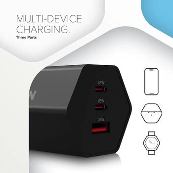 Kompakts sienas lādētājs ar GaN tehnoloģiju 65 W kopējo jaudu 2×PD un 1×QC ātrās uzlādes portiem HEXAGON 65 GaN 65W EU Melns CND-CHAHEX65B CANYON (CND-CHAHEX65B)