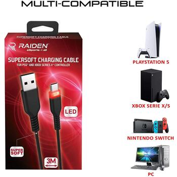 Subsonic Зарядный Кабель SA5601, 3м, USB-C, для PS5/Xbox/Switch, мягкая технология, LED индикатор (SA5601)