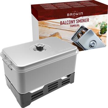 Browin 330006 уличная коптильня, 49см, 27см, 3.92кг, нержавеющая сталь, 3 решетки, 2 горелки, термометр (330006)