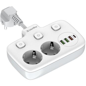 Colorway силовая розетка CW-CHE24PDW, 1 USB Type-C (PD), 1 USB-A (QC3.0), 2 USB-A (AUTO-ID), 2500W, 100-240V (CW-CHE24PDW)