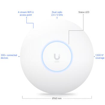 Bezvadu Wi Fi 6 piekļuves punkts Dual Band 802.11ax 4 telpiskās plūsmas līdz ~3 Gb s 140 m² pārklājums 300+ ierīces PoE GbE U6+ Balts Ubiquiti (U6-PLUS)