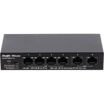 Ruijie RG-ES106D-P V2 неуправляемый сетевой коммутатор с 6 портами 10/100 Мбит/с и 4×PoE+ (54 Вт), настольный, чёрный (RG-ES106D-P)