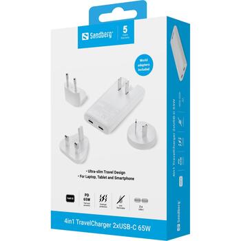 Sandberg Путевой зарядное устройство 441-68, 2xUSB-C, 100-240V, 65W, 2 порта, Power Delivery, белый (441-68)