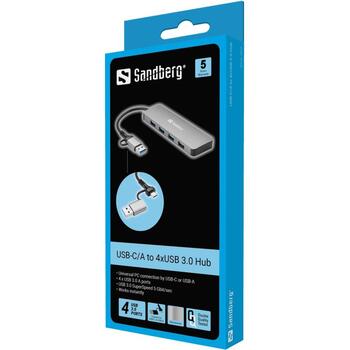 Sandberg USB centrmezgls 136-63, 4xUSB 3.0, 5 Gbit/s, alumīnijs, USB-C, USB-A, 4 porti (136-63)