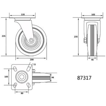 Vorel Ritenis kravas ratiņiem 87317, 200mm, 46mm, 235mm, 150kg, -10~+50°C, melnais kaučuks, rullīšu gultnis, grozāmais (87317)