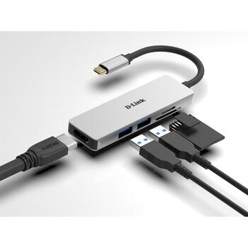 D-Link док-станция DUB-M530, USB-C, 2x USB 3.0, HDMI 1.4, 4K Ultra HD, 5 Гбит/с, SD/microSD картридер, алюминий (DUB-M530)
