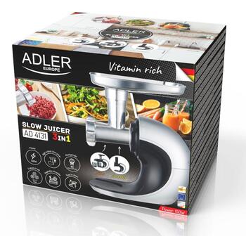 Adler Медленный соковыжиматель 3в1 AD 4131, 150 Вт, 1 скорость, 90-105 об/мин, нержавеющая сталь, мясорубка, овощерезка (AD 4131)