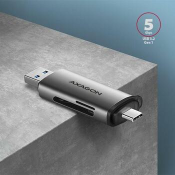 Axagon кардридер CRE-SAC, USB 3.2 Gen 1, 2 слота, 5000 Mbit/s, металлический корпус, поддерживает microSD, SD (CRE-SAC)