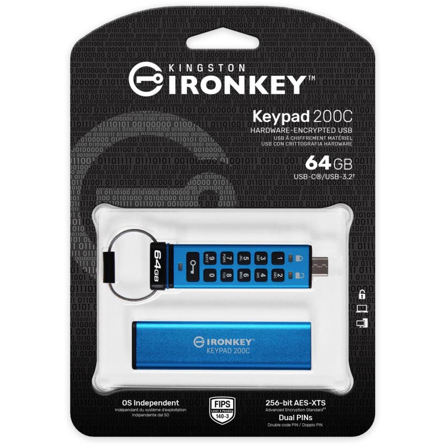 Kingston IKKP200C/64GB USB-C флеш-накопитель, 64GB, USB 3.2 Gen 1, 280MB/s чтение, 200MB/s запись, IP68, FIPS 140-3, AES-256 (IKKP200C/64GB)