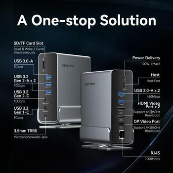 Vention док-станция TPUH0, 15-в-1, USB 3.2 Gen 2 Type-C, 100 W, 10 Gbit/s, 4K, 60 Гц, 3 монитора, 0.5 м USB кабель (TPUH0)