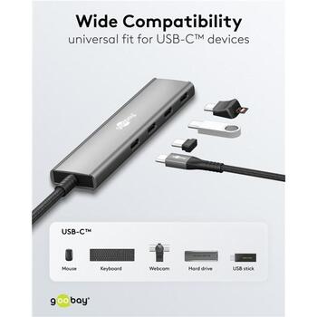 Goobay USB хаб, 76564, 4 x USB-C 3.2, 5 Gbit/s, алюминиевый/пластиковый корпус, тонкий дизайн (76564)