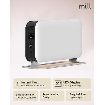 Konvekcijas sildītājs ar 2200 W jaudu trim jaudas līmeņiem piemērots 5–30 m² telpām balts CO2200LEDMAX Mill (CO2200LEDMAX)