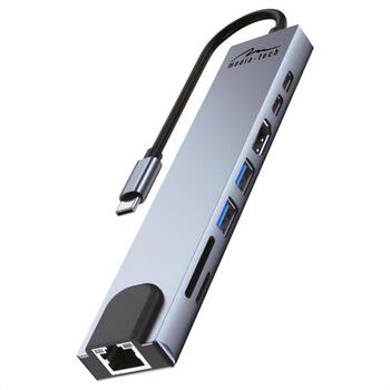 Media-Tech HUB 8 в 1 GIGA LAN MT5046, 100 Вт, 8 портов, 4K HDMI, USB-C PD, алюминиевый корпус (MT5046)