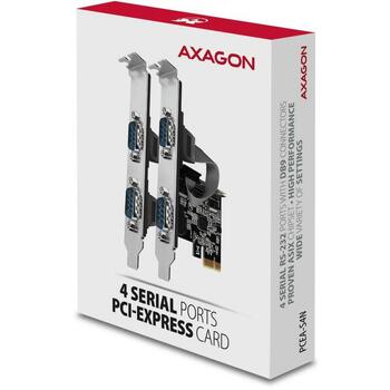Axagon Adapteris PCEA-S4N 4x RS-232 250 kBd PCIe 5 Gbit/s, CE, RoHS, SP un LP, 1 gab. (PCEA-S4N)