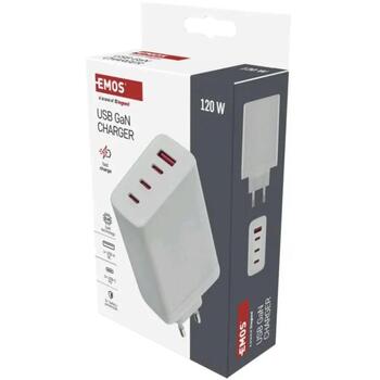 Emos Универсальное USB настенное зарядное устройство GaN V06G120, 120 Вт, 4xUSB, 100–240 В~ 50/60 Гц, быстрая зарядка, защита (V06G120)
