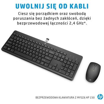 HP 230 bezvadu peles un klaviatūras komplekts 18H24AA#ABB, 2.4 GHz, 10m, 1600 DPI, pilna izmēra, melns (18H24AA#ABB)