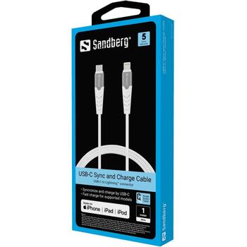 Sandberg USB kabelis 136-25, 1m, USB Type-C vīriešu, Apple Lightning, balta krāsa (136-25)