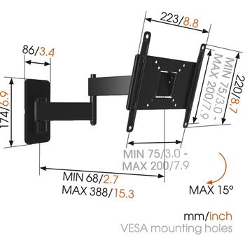 Vogels настенный кронштейн для телевизора MA2040-A1 8552040, 19-40 дюймов, 15 кг, VESA 100x100-200x200 мм, полное движение, черный (8552040)