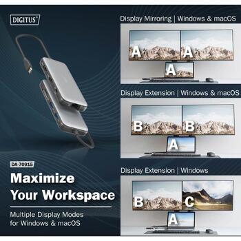 Digitus DA-70915 USB-C док-станция, 8 портов, 2x HDMI, 1x RJ-45, Gigabit Ethernet (DA-70915)