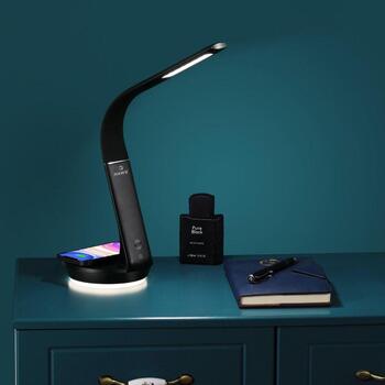 Hawk Настольная лампа HW-LAMP02, 4.5W, 10W беспроводная зарядка, 2 LED лампы, гибкая рука, черная (HW-LAMP02)