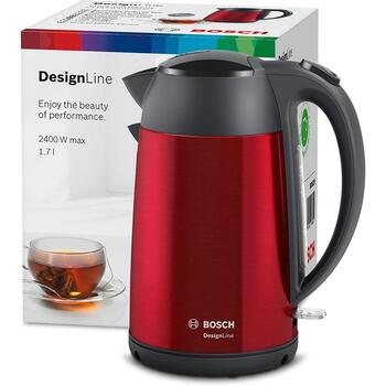 Bosch Чайник DesignLine TWK3P424, 2400 W, 1.7 L, нержавеющая сталь, 360° вращающаяся база, красный (TWK3P424)