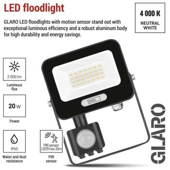 Emos LED прожектор GLARO ZS2324B, 20 W, 2000 lm, IP54, нейтральный белый, PIR датчик, алюминий (ZS2324B)