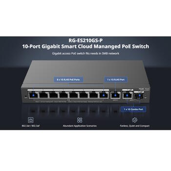 Ruijie RG-ES210GS-P 10-портовый Gigabit PoE+ коммутатор, 8x PoE+ 120W, 2x uplink, 20 Gbps, 6kV, облачное управление, черный (RG-ES210GS-P)