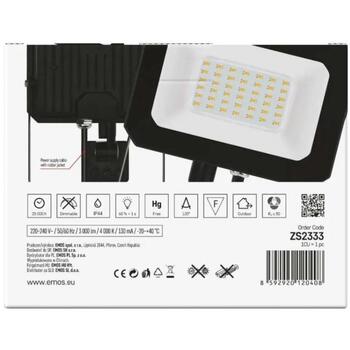 Emos LED прожектор ZS2333, 30 W, 3000 lm, IP44, нейтрально-белый, PIR датчик, алюминий, стекло (ZS2333)
